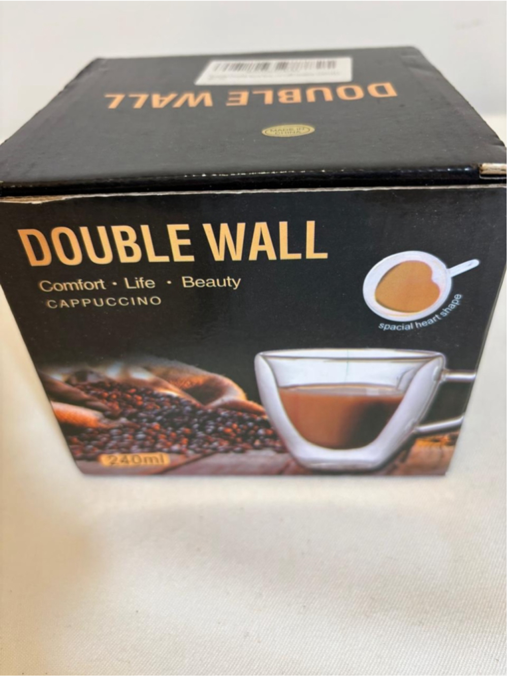 Unbranded Double Wall Heart Shaped Glass Mug 240ml Clear Black #C131